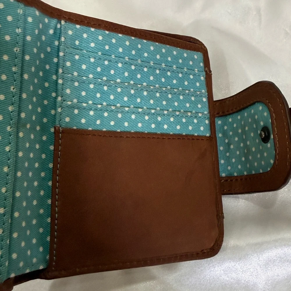 Fossil Emory Multifunction Brown Leather Bifold Wallet with Polka Dot Interior
